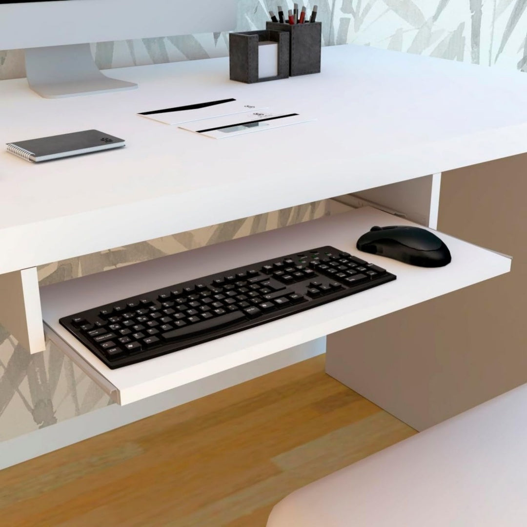 Soluzione funzionale piattaforme e cassetti tastiera in legno bianco